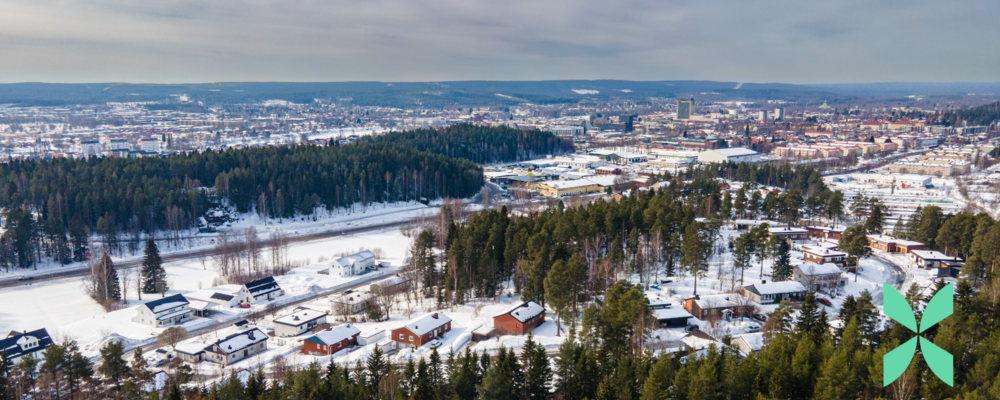Flygbild över Skellefteå med skog, byggnader och centrum 