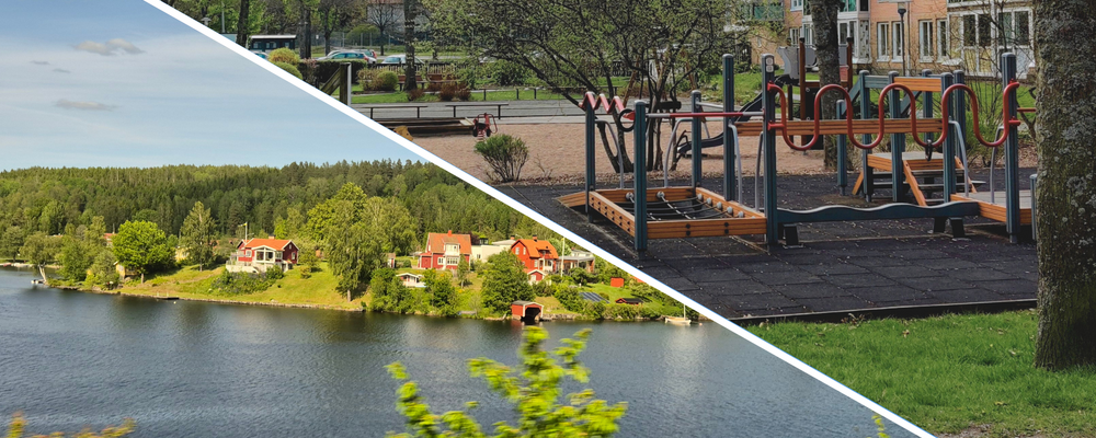 En tvådelad bild där den ena visar ett skogslandskap vid en sjö och den andra en lekplats i en stad.